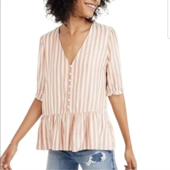 Madewell V-Neck Peplum Popover Top in Stripe - Picture 1 of 6